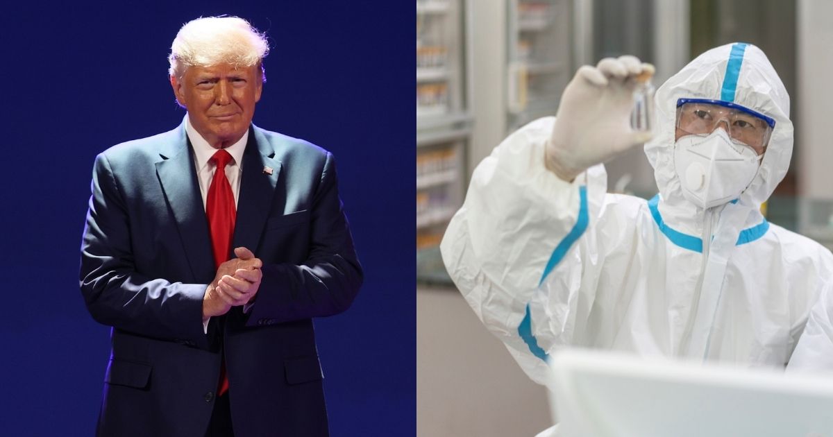This combined image shows former President Donald Trump and scientists working in a laboratory.