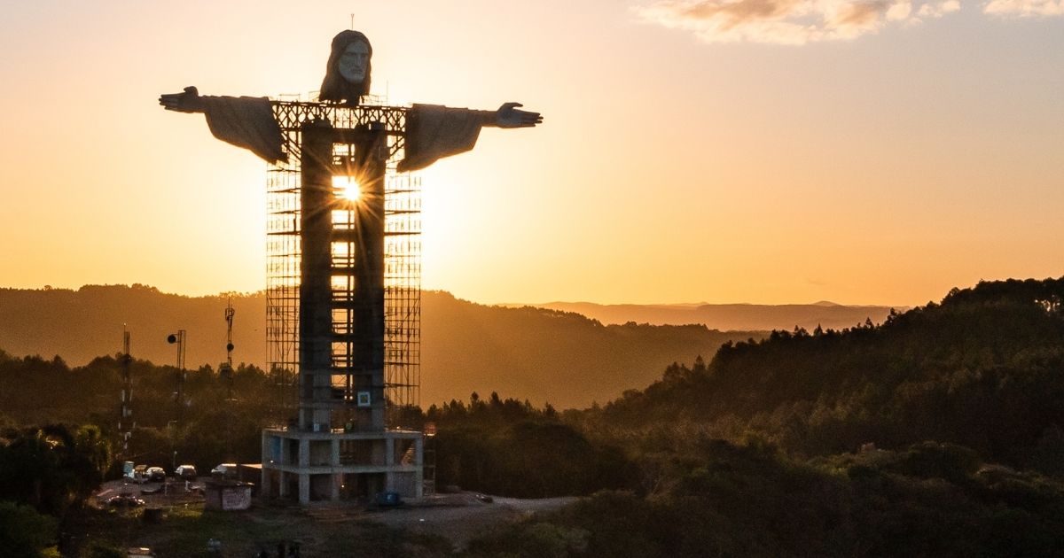 An aerial view of the Christ The Protector Statue which is under construction can be seen on April 20, 2021, in Encantado, Brazil.