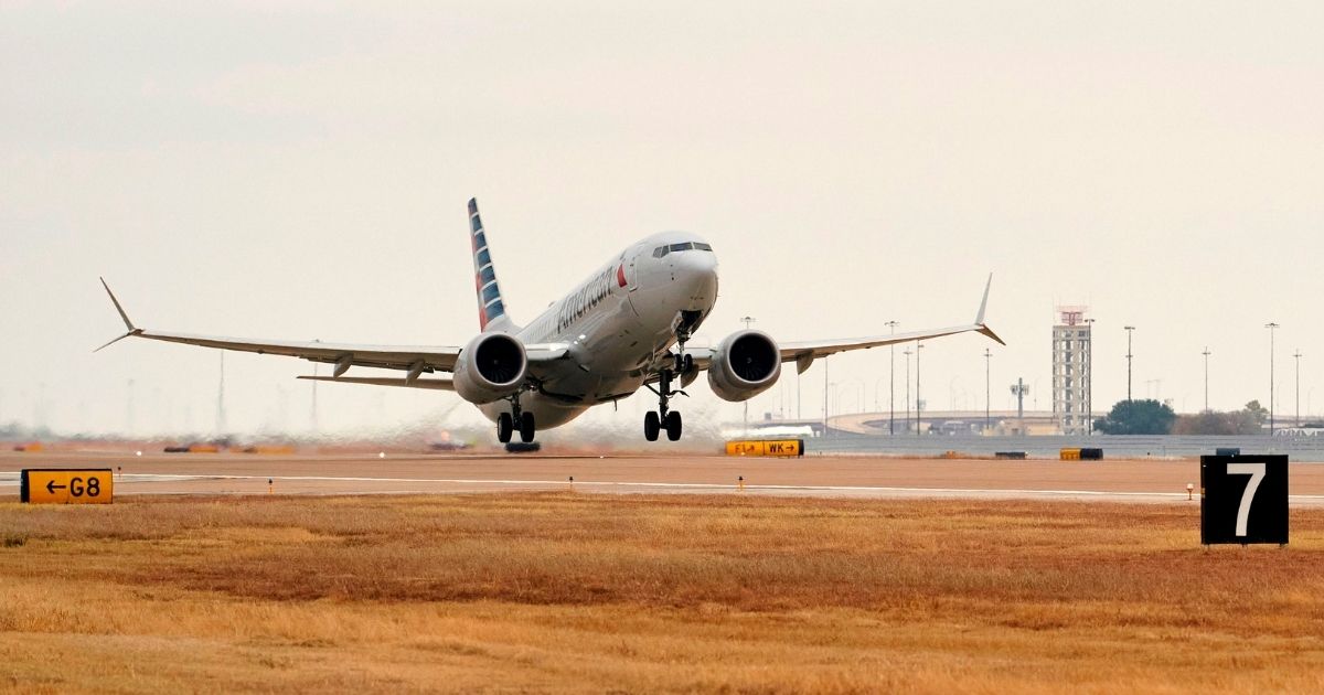 An American Airlines Boeing 737 MAX airplane takes off on a test flight from Dallas-Fort Worth International Airport in Dallas, Texas, on Dec. 2, 2020.