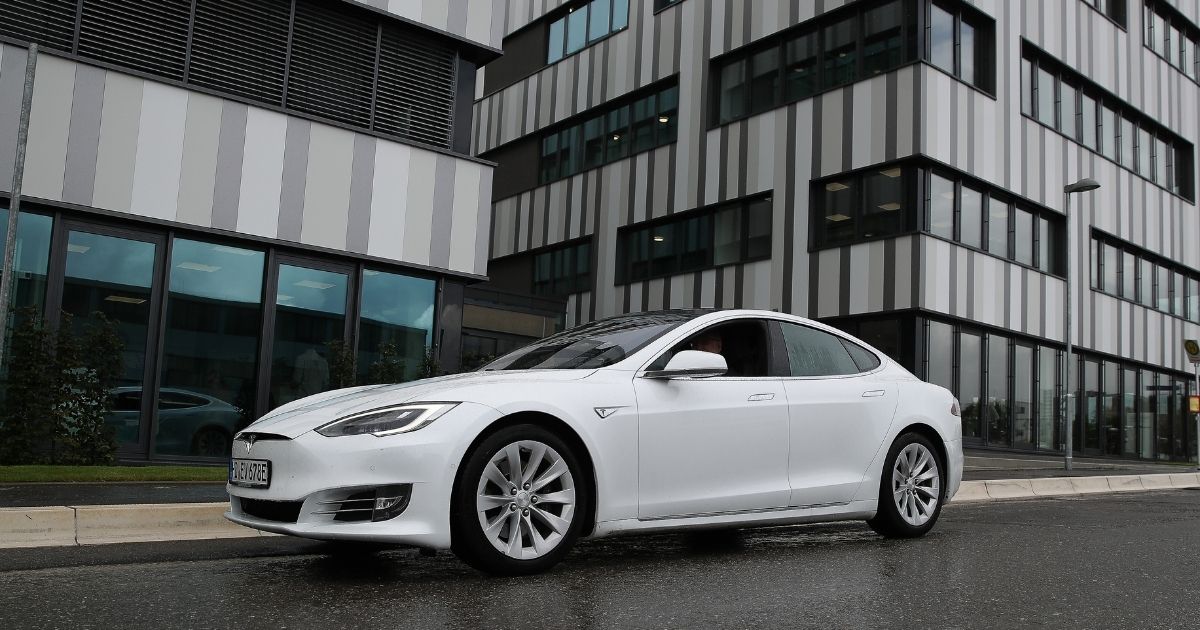 A Tesla car drives on Sept. 1, 2020, in Tubingen, Germany.