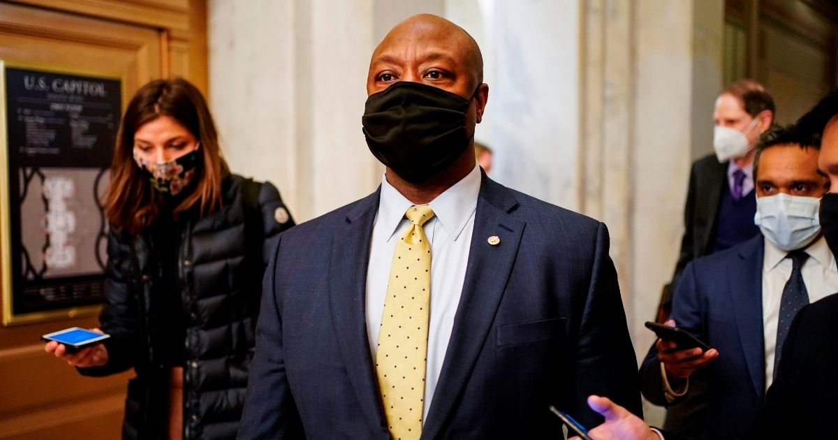 Sen. Tim Scott departs after the second day of former President Donald Trump's impeachment trial on Capitol Hill on Feb. 10, 2021, in Washington, D.C.