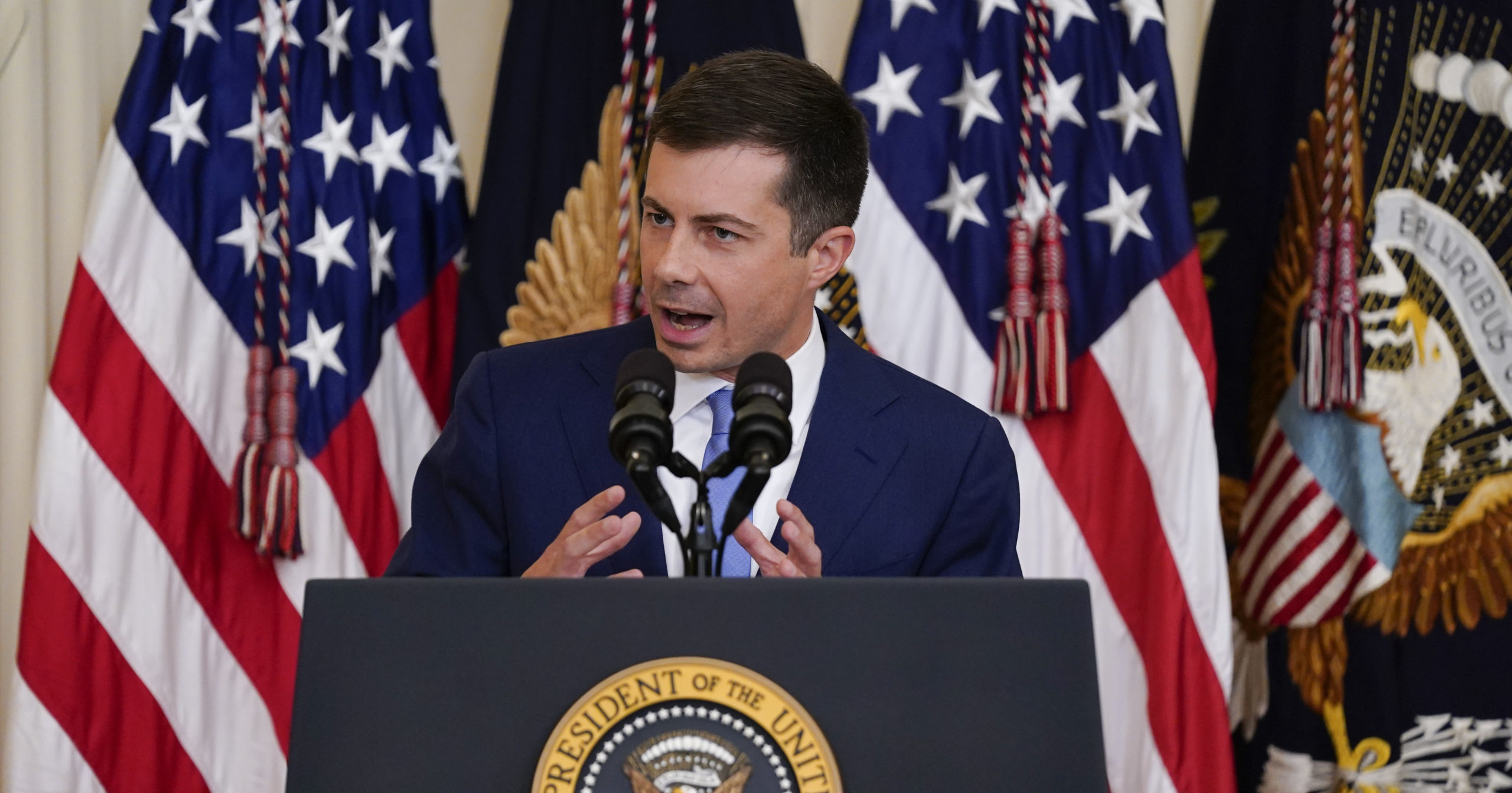 Transportation Secretary Pete Buttigieg speaks during an event to commemorate Pride Month, in the East Room of the White House on June 25, 2021.