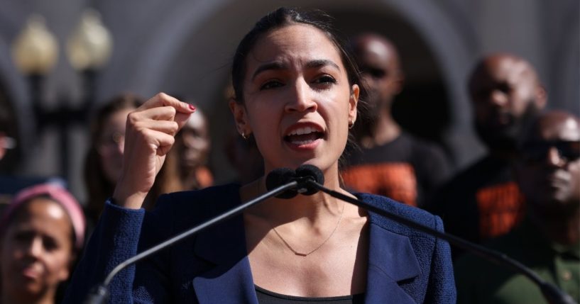 Democratic Rep. Alexandria Ocasio-Cortez of New York speaks during an event outside Union Station on Wednesday in Washington, D.C.