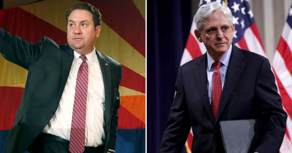 Arizona Republican Attorney General Mark Brnovich, left, is pictured side by side with U.S. Attorney General Merrick Garland, right.