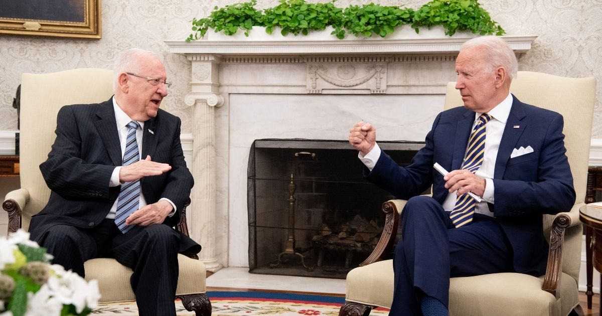 President Joe Biden, right, and Israeli President Reuven Rivlin, left, hold a meeting in the Oval Office of the White House in Washington, D.C. on Monday.