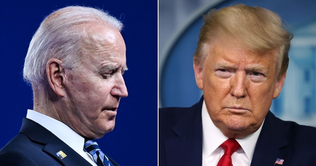 At left, President Joe Biden appears to look at his notes during a press conference after the NATO summit in Brussels on Monday. At right, then-President Donald Trump listens to questions from reporters during a news conference in the Brady Press Briefing Room of the White House on April 6, 2020.