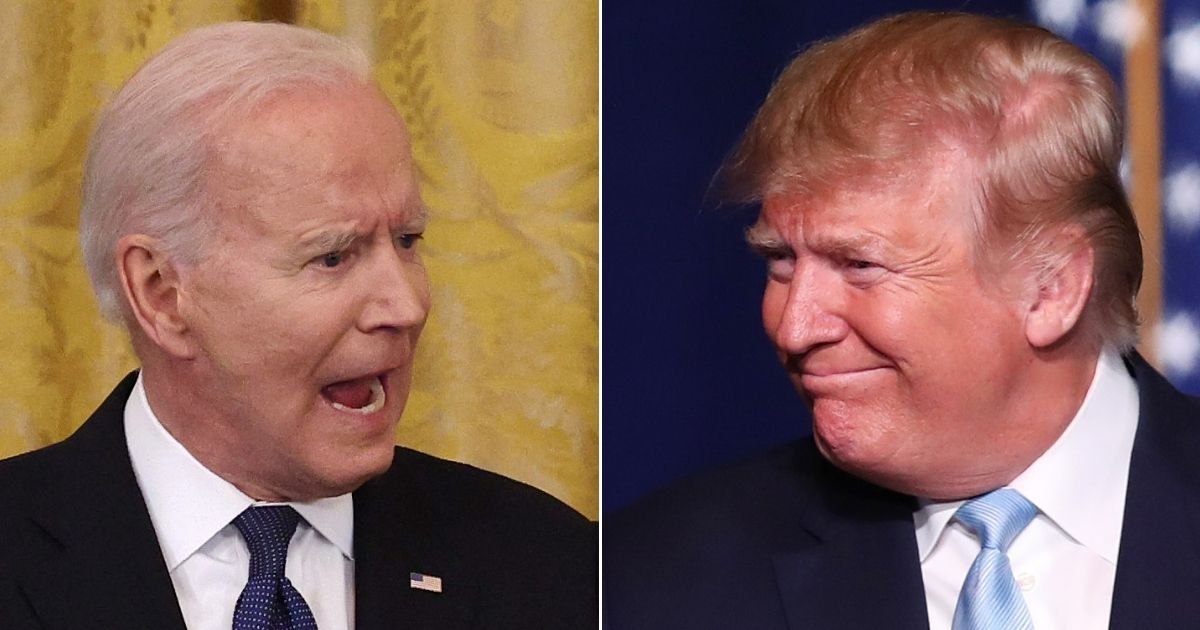 At left, President Joe Biden speaks in the East Room of the White House on May 20, 2021. At right, then-President Donald Trump speaks at the King Jesus International Ministry in Miami on Jan. 3, 2020.