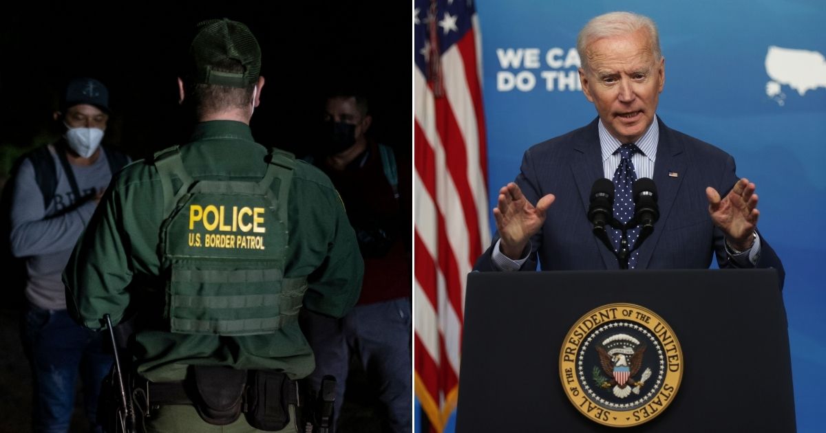 At left, a Border Patrol agent speaks to migrant men apprehended near the border between Mexico and the United States in Del Rio, Texas, on May 16. At right, President Joe Biden speaks during an event in the South Court Auditorium of the White House in Washington on Wednesday.