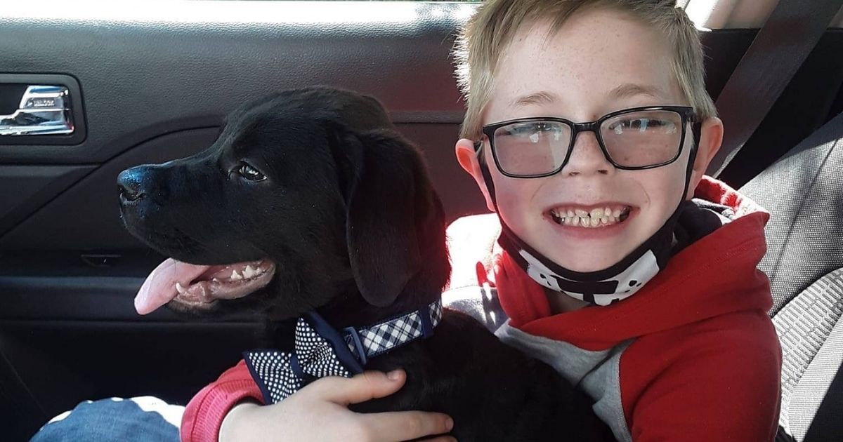 8-year-old Bryson holds his dog, Bruce, who was diagnosed with a deadly canine virus. Bryson sold his prized Pokémon cards to raise money for Bruce's treatment.