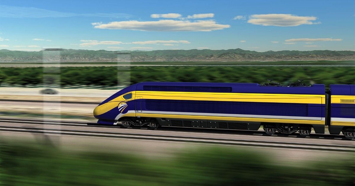 An artist's concept shows a high-speed train in California.
