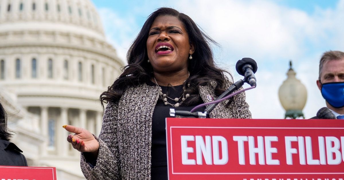Democratic Rep. Cori Bush of Missouri speaks during a news conference outside the U.S. Capitol on April 22, 2021, in Washington, D.C.