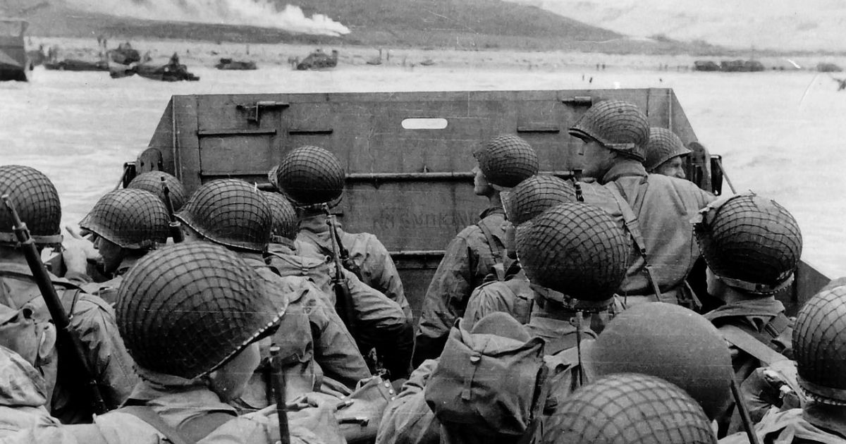 Troops in an LCVP landing craft approaching "Omaha" Beach on "D-Day" on June 6 1944.