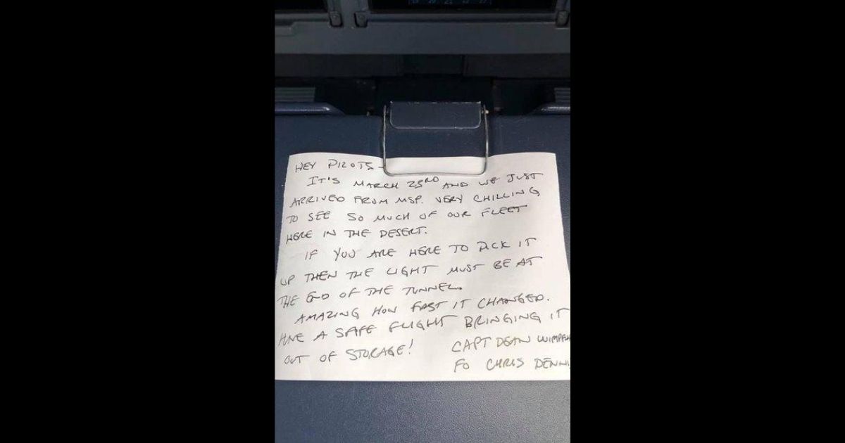 First Officer Chris Dennis wrote a note on Delta Air Lines plane 3009 before it was put into a storage facility in Victorville, California, on March 23, 2020, at the beginning of the pandemic.