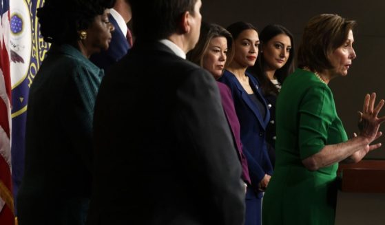 Speaker of the House Nancy Pelosi speaks as Democratic Reps. (L-R) Gwen Moore of Wisconsin, Angie Craig of Minnesota, Alexandria Ocasio-Cortez of New York, and Sara Jacobs of California listen during a news conference at the U.S. Capitol on June 16, 2021 in Washington, D.C.