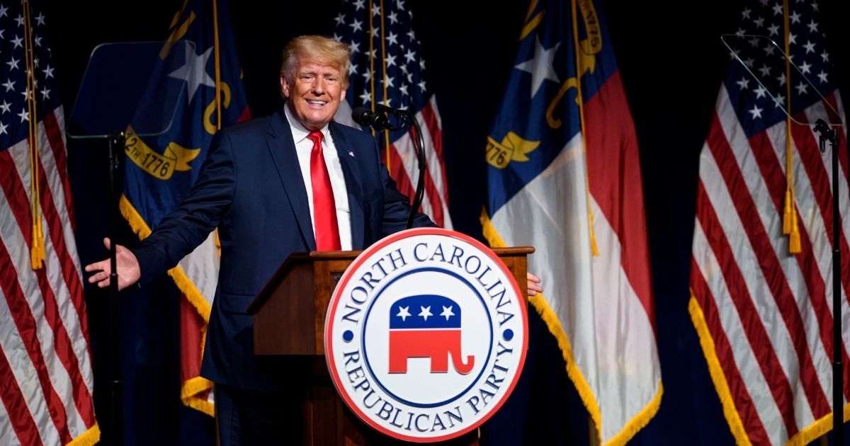Former U.S. President Donald Trump addresses the NCGOP state convention on Saturday in Greenville, North Carolina. (Melissa Sue Gerrits / Getty Images)