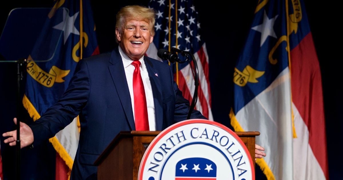 Former President Donald Trump addresses the North Carolina Republican Party state convention on June 5, 2021, in Greenville, North Carolina.