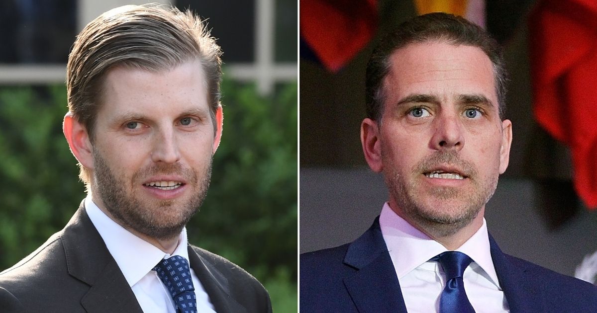 At left, Eric Trump attends a ceremony in the Rose Garden of the White House on May 6, 2019. At right, Hunter Biden speaks in Washington on April 12, 2016.