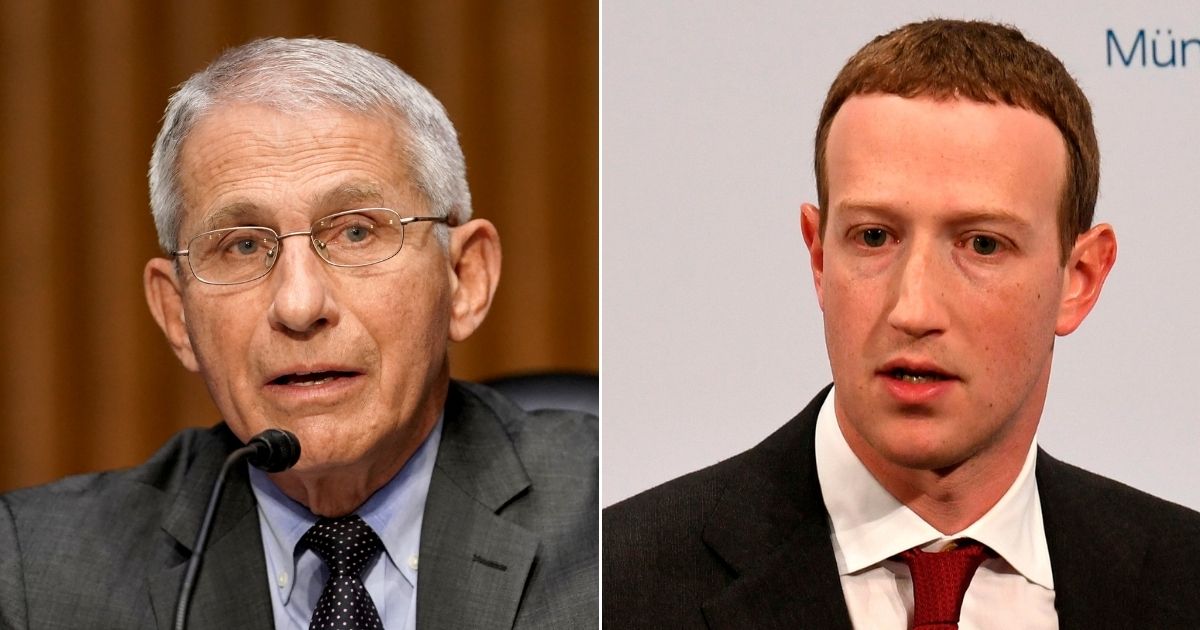 At left, Dr. Anthony Fauci, director of the National Institute of Allergy and Infectious Diseases, speaks during a Senate Health, Education, Labor and Pensions Committee hearing in Washington on May 11. At right, Facebook founder and CEO Mark Zuckerberg speaks in Munich, southern Germany, on Feb. 15, 2020.