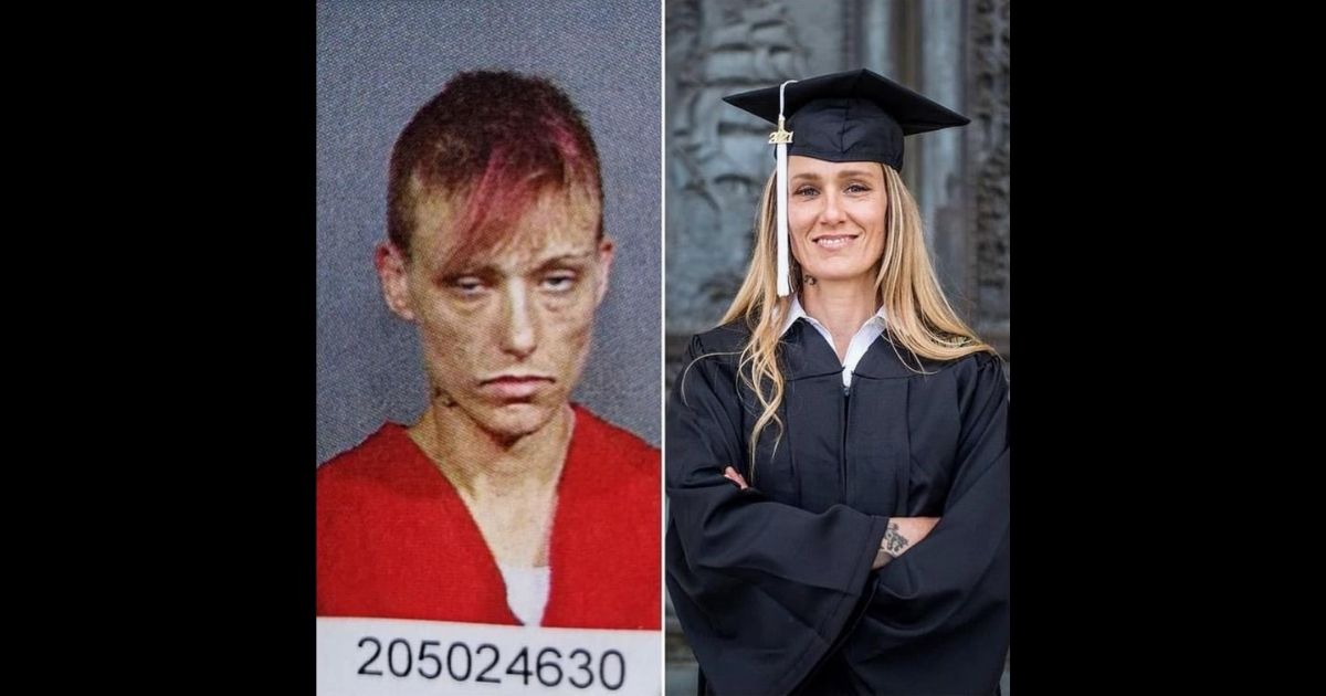 Former drug addict Ginny Burton's mug shot is pictured next to a photo of Burton in her graduation cap and gown.