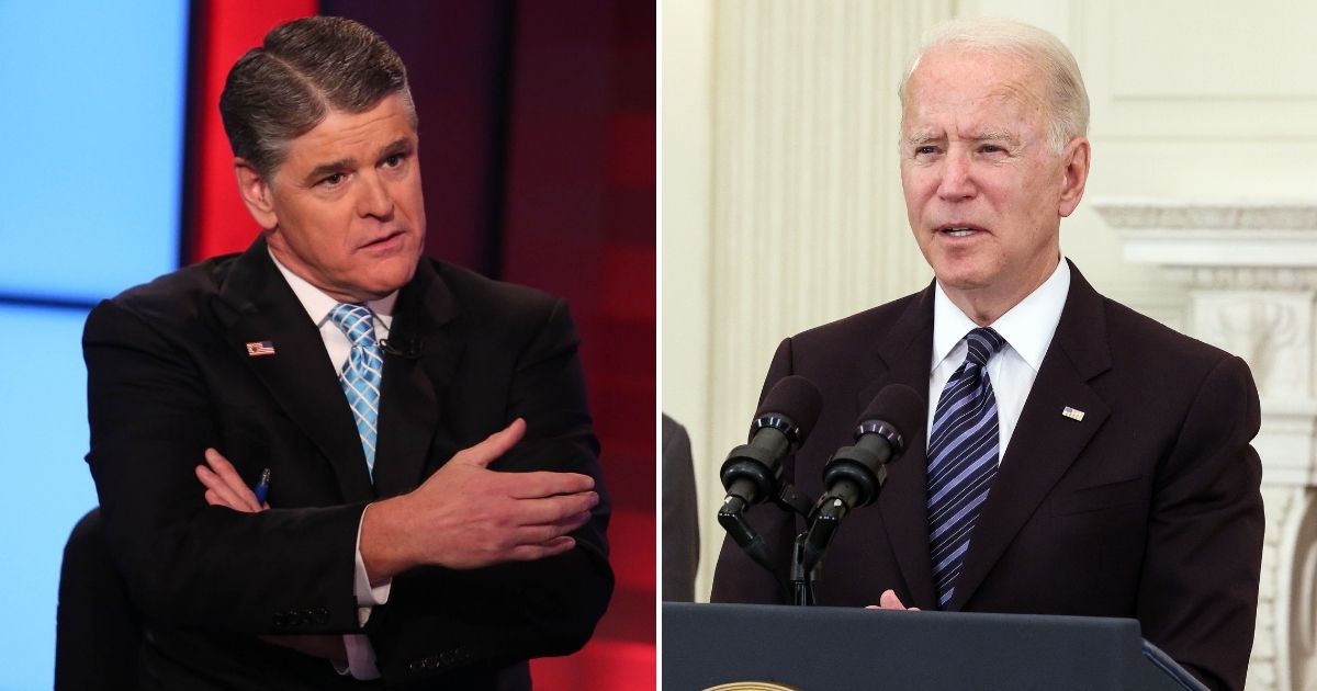 Fox News' Sean Hannity, left, took a jab at Olympic competitor Gwen Berry and President Joe Biden, right, for their treatment of the national anthem and American flag.