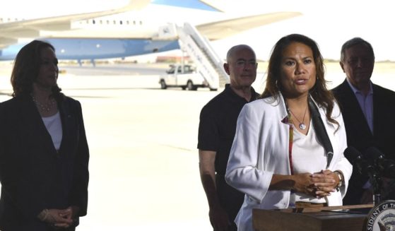 Vice President Kamala Harris (L), Secretary of Homeland Security Alejandro Mayorkas (2nd-L) and Democratic Sen. Dick Durbin of Illinois (R) listen as Democratic Rep. Veronica Escobar of Texas speaks during a news conference at El Paso International Airport, on Friday in El Paso, Texas.