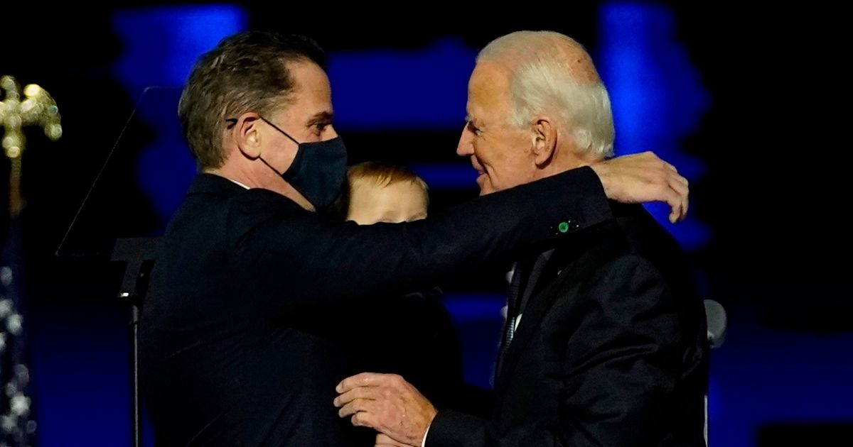 President-elect Joe Biden embraces his son Hunter Biden after addressing the nation from the Chase Center Nov. 7, 2020, in Wilmington, Delaware.