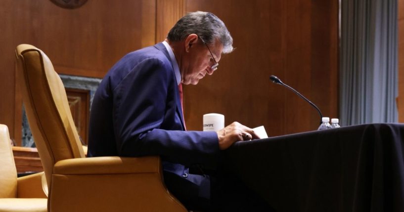 Democratic Sen. Joe Manchin of West Virginia is photographed during a hearing before the Transportation, Housing and Urban Development, and Related Agencies Subcommittee of Senate Appropriations Committee at the Dirksen Senate Office Building on June 10, 2021, on Capitol Hill in Washington, D.C.