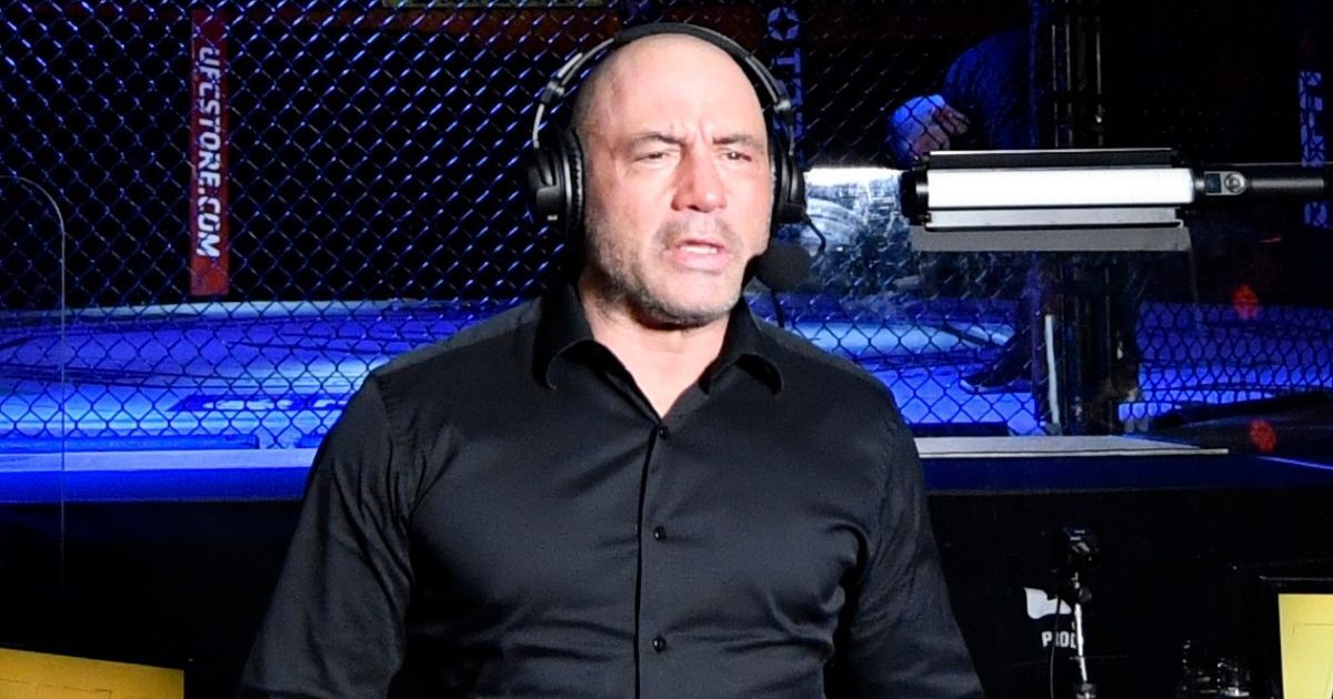 Joe Rogan interviews a fighter during the UFC 256 event at UFC APEX on Dec. 12, 2020, in Las Vegas.