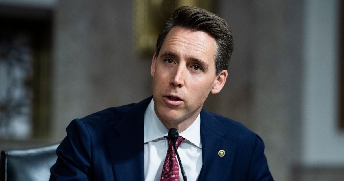 Republican Sen. Josh Hawley of Missouri asks a question during a Senate Judiciary Committee confirmation hearing in the Dirksen Senate Office Building on April 28, 2021, in Washington, D.C.