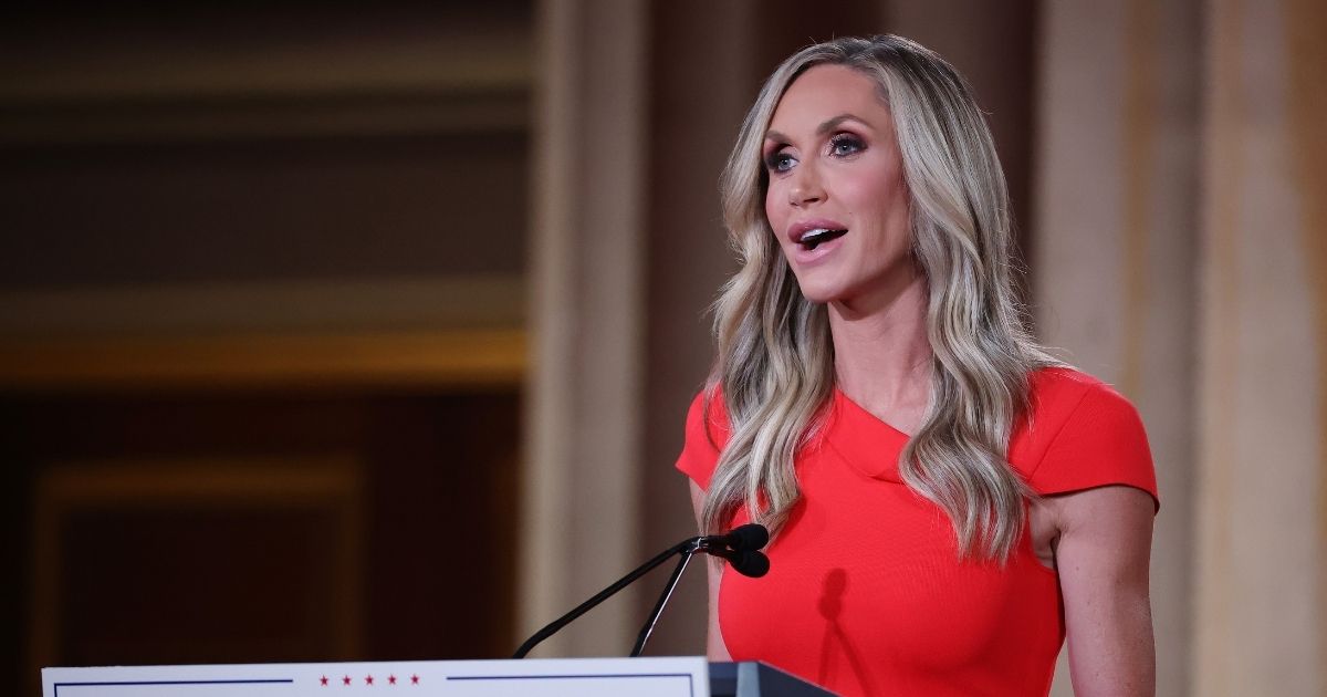 Lara Trump, daughter-in-law and campaign advisor for U.S. President Donald Trump, pre-records her address to the Republican National Convention from inside an empty Mellon Auditorium on Aug. 26, 2020, in Washington, D.C.