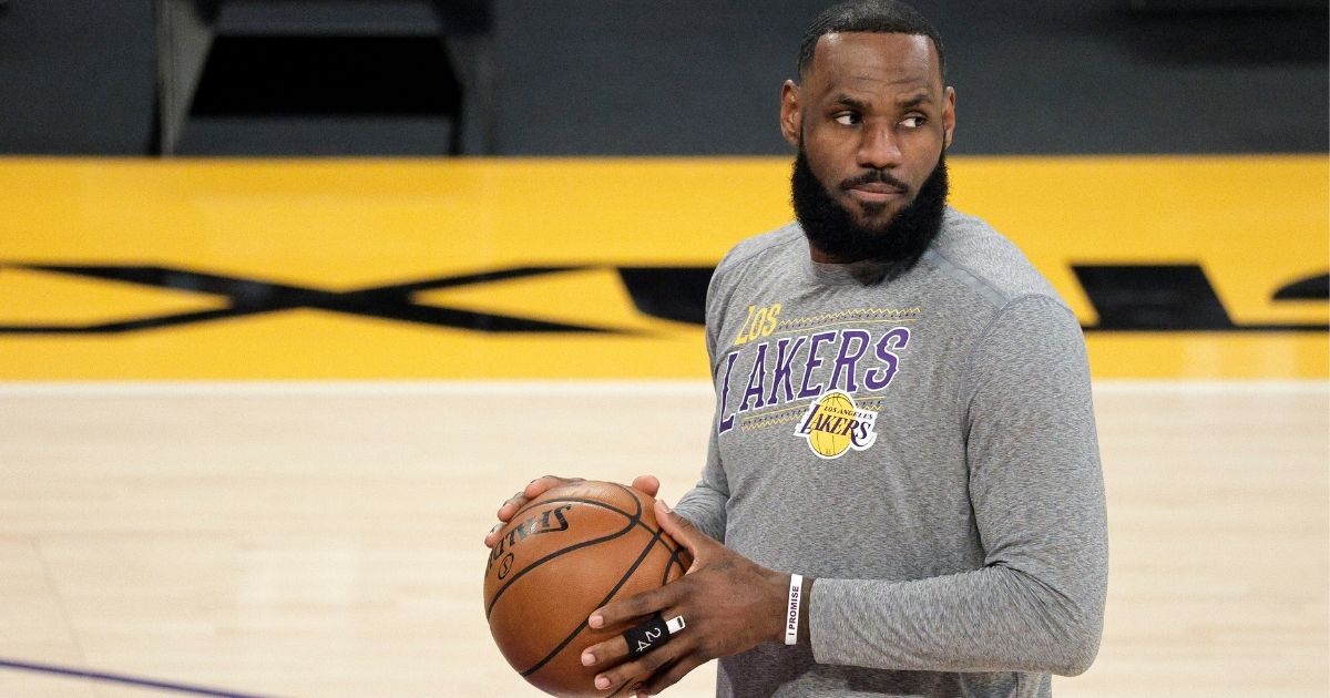 LeBron James, #23 of the Los Angeles Lakers, warms up prior to a game against the Atlanta Hawks at Staples Center on March 20, 2021, in Los Angeles.