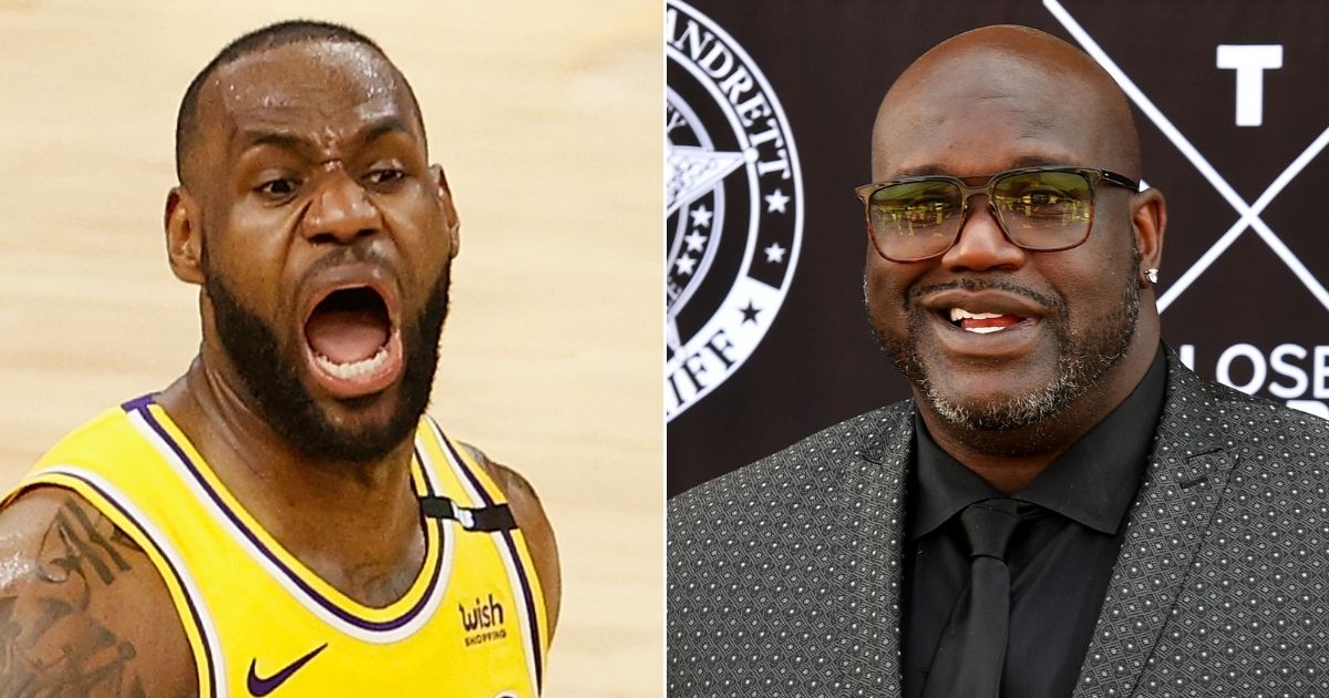At left, LeBron James of the Los Angeles Lakers reacts during a playoff game against the Phoenix Suns at Phoenix Suns Arena on May 25. At right, NBA legend Shaquille O'Neal speaks during an event in McDonough, Georgia, on April 7.