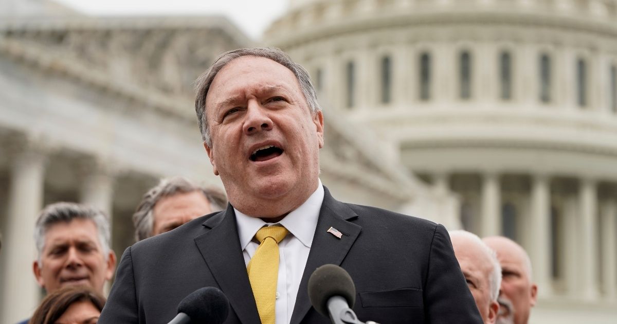 Former Secretary of State Mike Pompeo speaks to the media with members of the Republican Study Committee about Iran on April 21, 2021, in Washington, D.C.