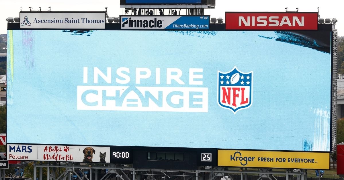 The NFL's social justice logo is displayed before an NFL football game between the Tennessee Titans and the Houston Texans on Oct. 18, 2020, in Nashville, Tennessee.