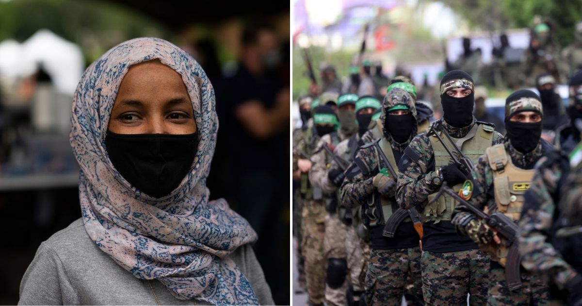 Democratic Rep. Ilhan Omar of Minnesota, left, is shown side by side with members of Al-Qassam Brigades, right, the armed wing of the Palestinian Hamas movement.