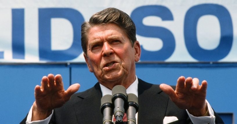 During his re-election campaign, then-President Ronald Reagan delivers a speech in June 1984.
