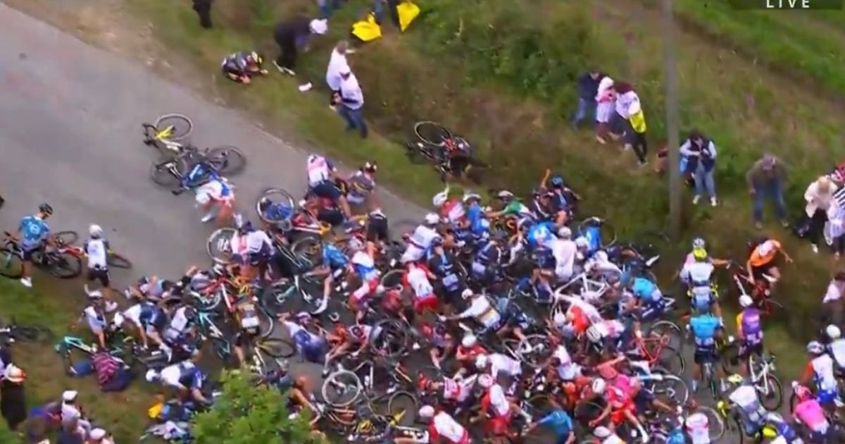 Many riders went down in the massive pileup that followed when one bike crashed into another in the close-packed group at the TourDeFrance.