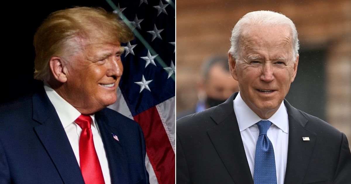 At left, former President Donald Trump addresses the North Carolina state Republican convention in Greenville on June 5. At right, President Joe Biden walks between engagements Friday during the G-7 summit in Carbis Bay, United Kingdom.
