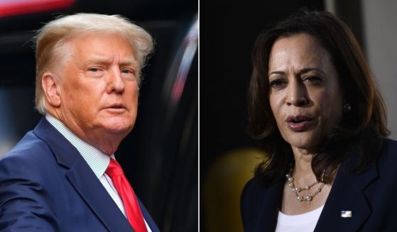Left, former U.S. President Donald Trump leaves Trump Tower in Manhattan on May 18, 2021 in New York City. Right, Vice President Kamala Harris speaks during a news conference at El Paso International Airport on June 25, 2021 in El Paso, Texas.