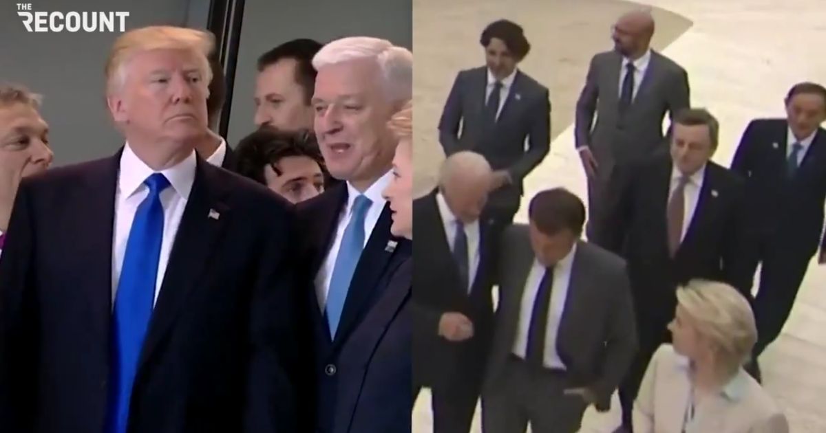 Former President Donald Trump, left, attends the North American Treaty Organization meeting in 2017. Current President Joe Biden walks among world leaders attending the G7 summit in Cornwall, England, on Friday.