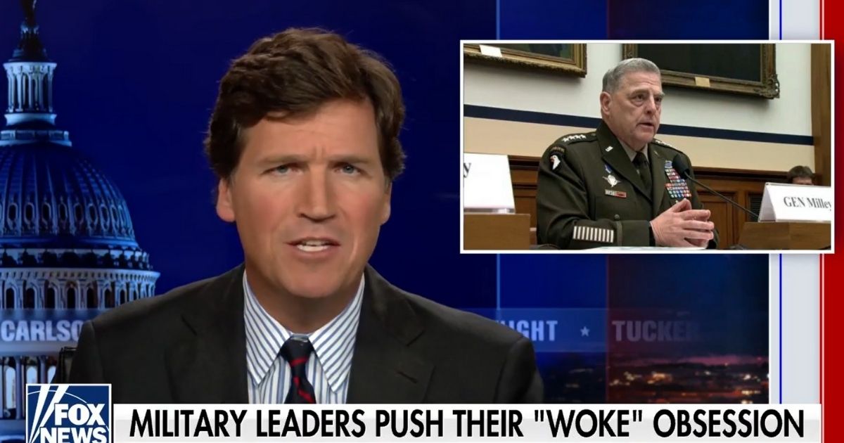 Fox News host Tucker Carlson talks about the "woke" military on his show.