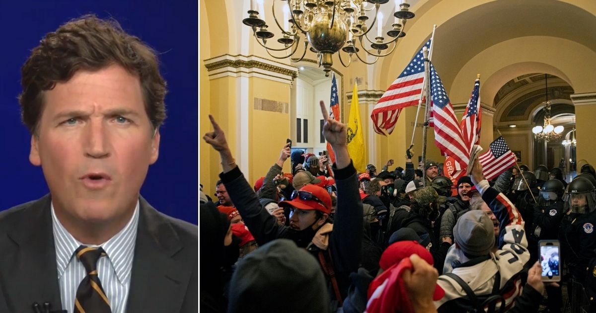 Fox News host Tucker Carlson, left, talks about the Jan. 6 Capitol riot, right.