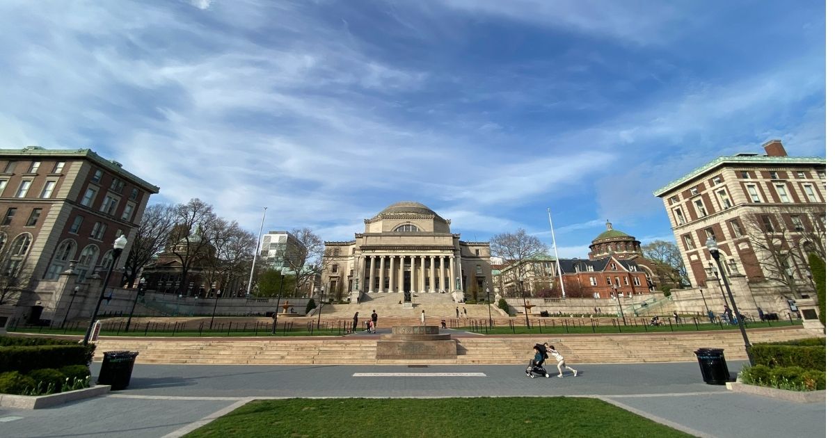 A wide view of the campus lawn at Columbia University is seen on April 14, 2020, in New York City.