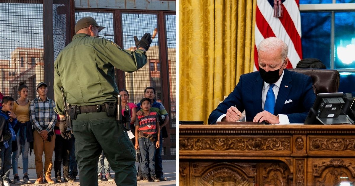 Left: Illegal aliens detains at the border in May 2019 file photo. Right, President Joe Biden signs an executive order in February aimed at reuniting illegal alien families separated at the border.