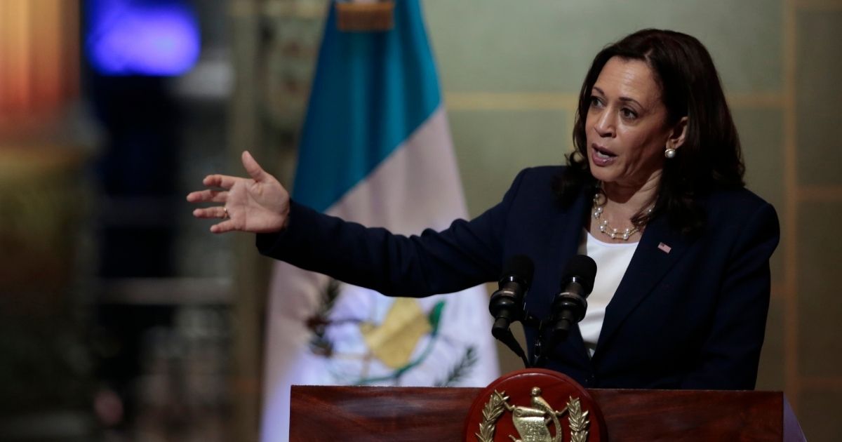 Vice President Kamala Harris speaks during Monday's news conference in Guatemala City.
