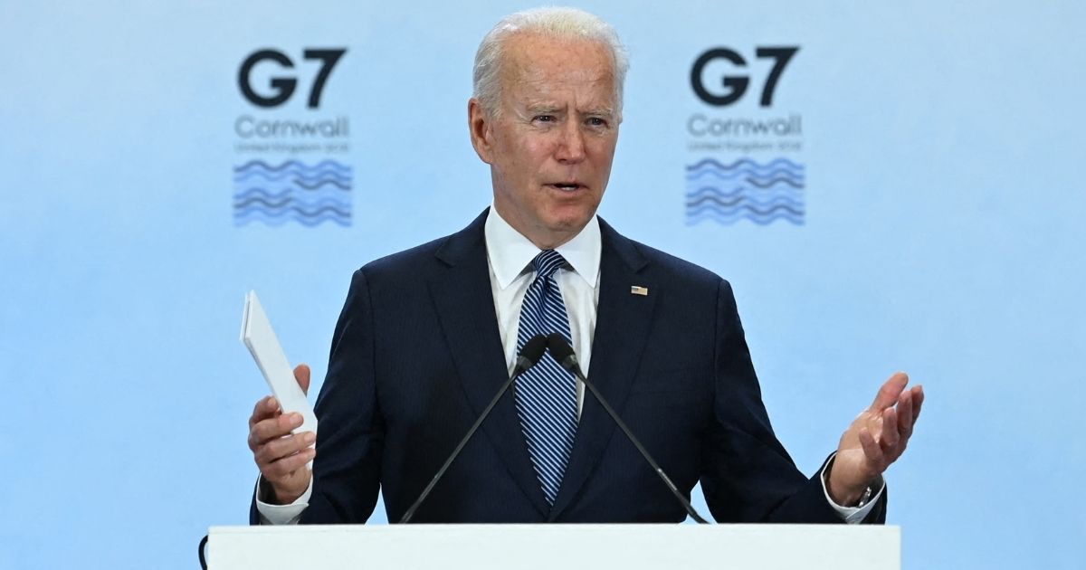 President Joe Biden field questions Sunday at a news conference in Cornwall, England.