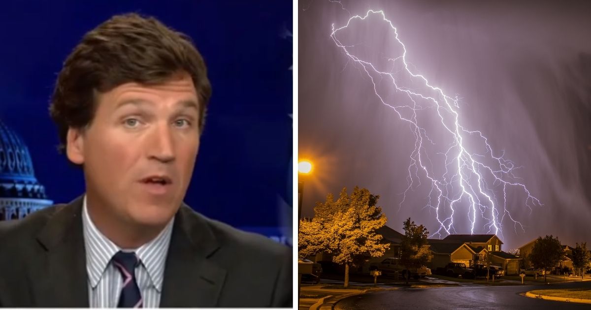 Fox News' Tucker Carlson, left; a bolt of lighting striking, right.