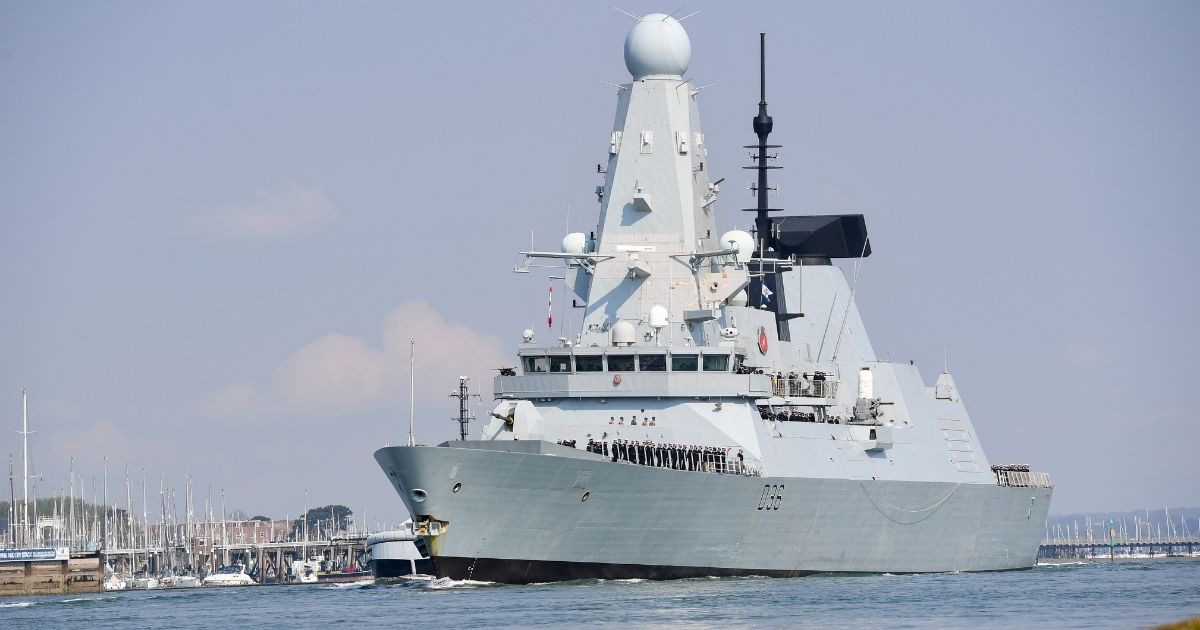 The HMS Defender, pictured in a May 1 file photo from the beginning of its deployment from Portsmouth, United Kingdom.