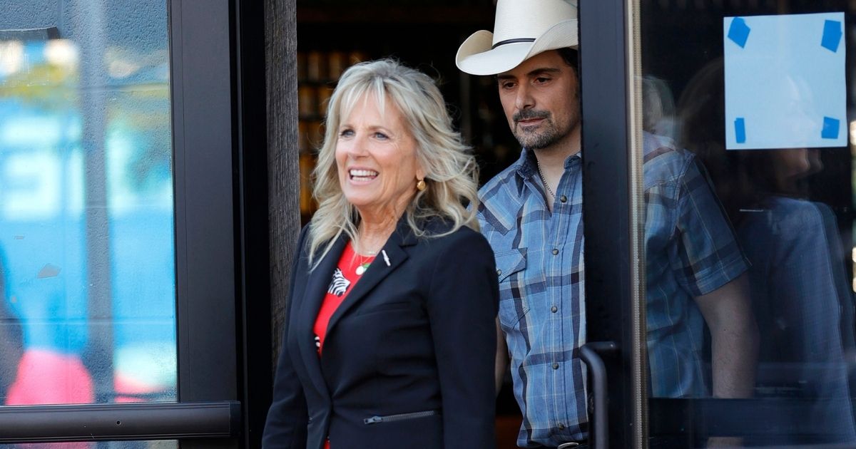 First lady Jill Biden, with singer/songwriter Brad Paisley, is pictured during a stop Tuesday in Nashville to promote coronavirus vaccinations.