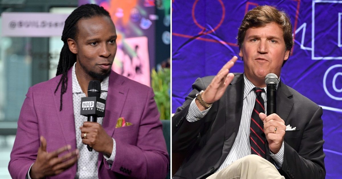 Ibram X. Kendi, left, discusses the book Stamped: Racism, Antiracism and You at Build Studio on March 10, 2020, in New York City. Tucker Carlson, left, speaks onstage at Politicon 2018 at the Los Angeles Convention Center on Oct. 21, 2018, in Los Angeles.